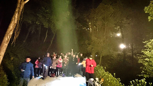 昨夜聖山出景非凡造 佛光滿滿星斗拱映照 要非佛子知恩相徒報 那得尊者示顏迴相了